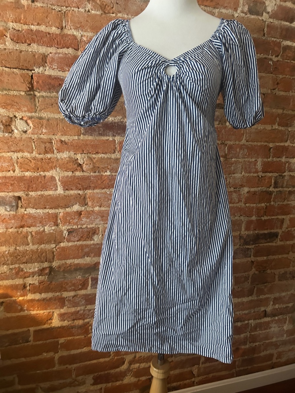 Blue and White Striped Midi Dress with Puff Sleeves